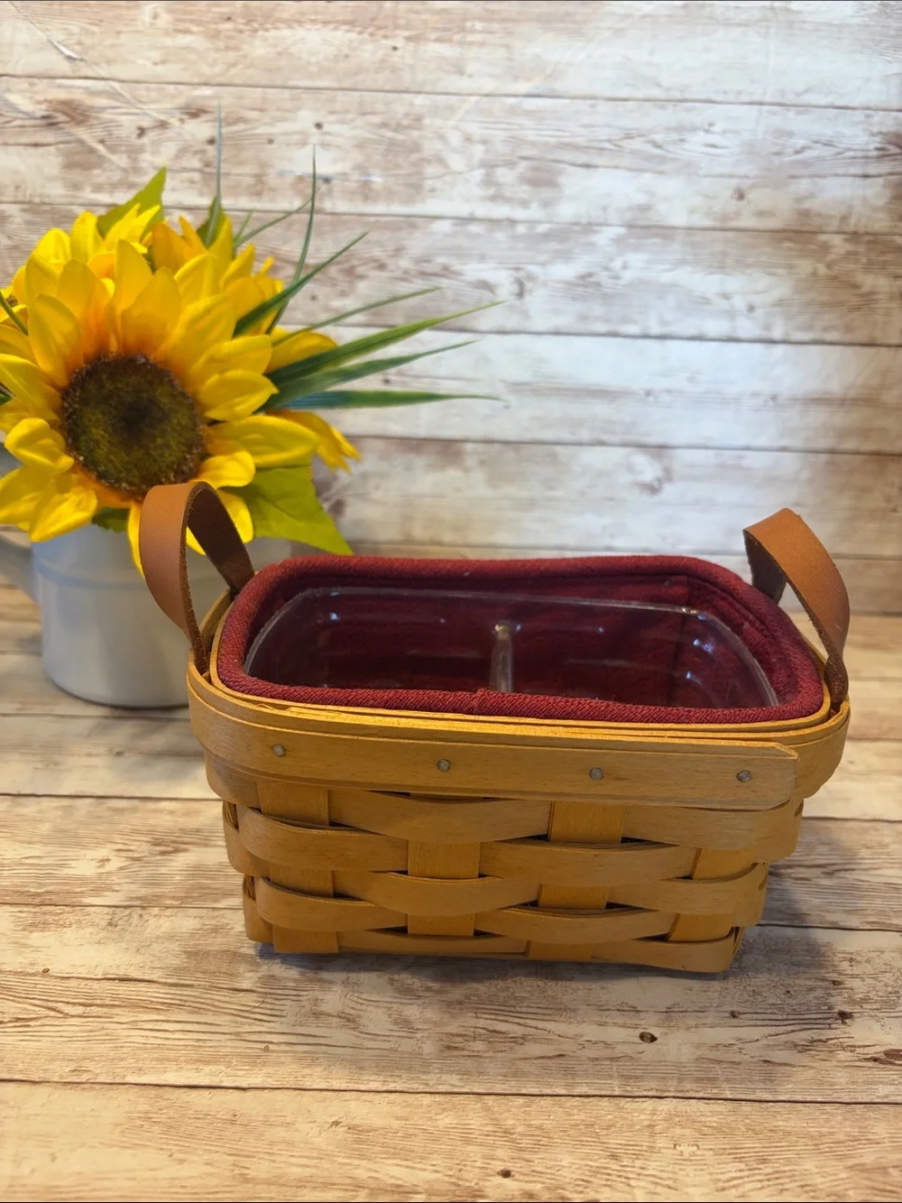 Longaberger Woven Tea Basket 10740 Red Liner and Clear Protector Insert